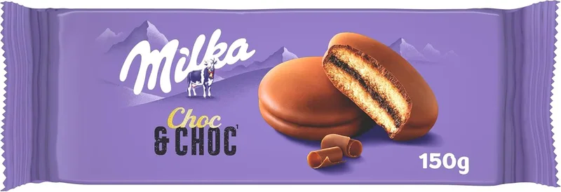 Milka ▫️ Choc & Choc Biscoitos Recheados de Cacau com Cobertura de Chocolate de Leite Alpino, Embalagem de 150g