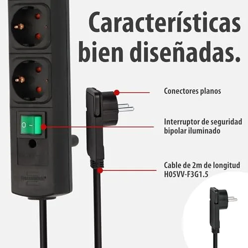 Brennenstuhl ▫️ Comfort Line - extensão com 4 tomadas para montagem (cabo de 2 m, interruptor iluminado, para montagem, ficha plana) Preto 4