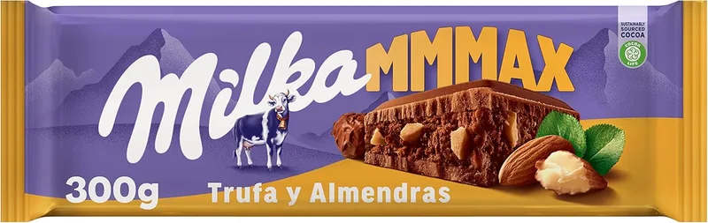 Milka ▫️ MMMAX Tablete grande de chocolate de leite alpino com pedaços de amêndoa, trufa e recheio cremoso de amêndoa e cacau, 300 g