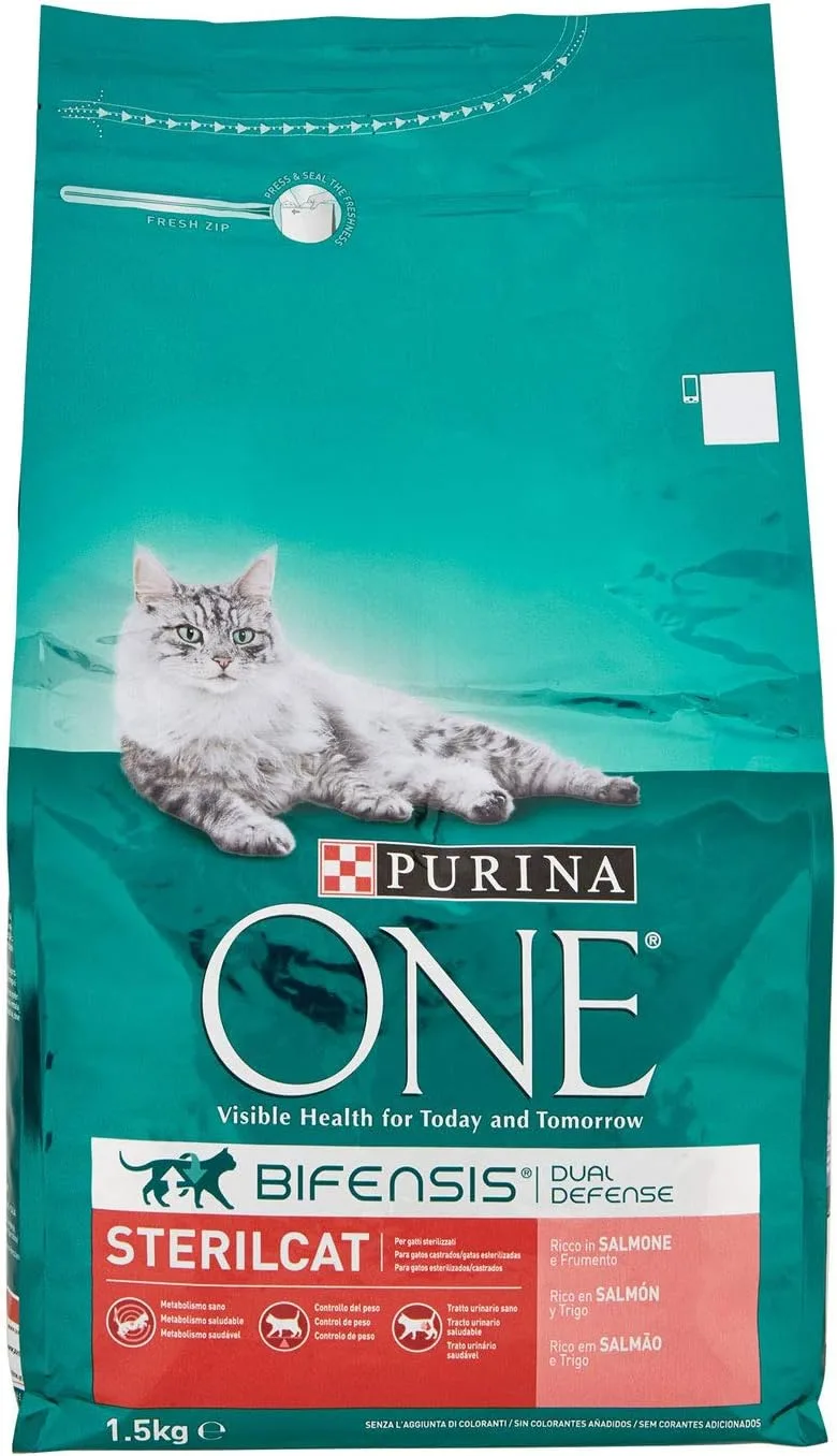PURINA ONE ▫️ Bifensis Ração para gatos adultos castrados com salmão e cereais, saco de 1,5 kg