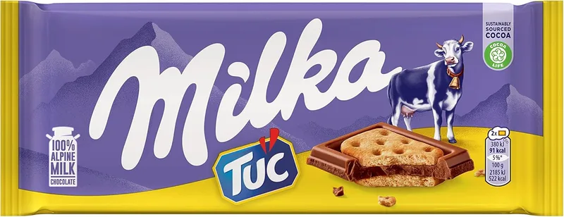 Milka ▫️ TUC Mini Tablete de Chocolate de Leite Alpino Coberto com Biscoitos TUC Formato de Bolso, 35 g