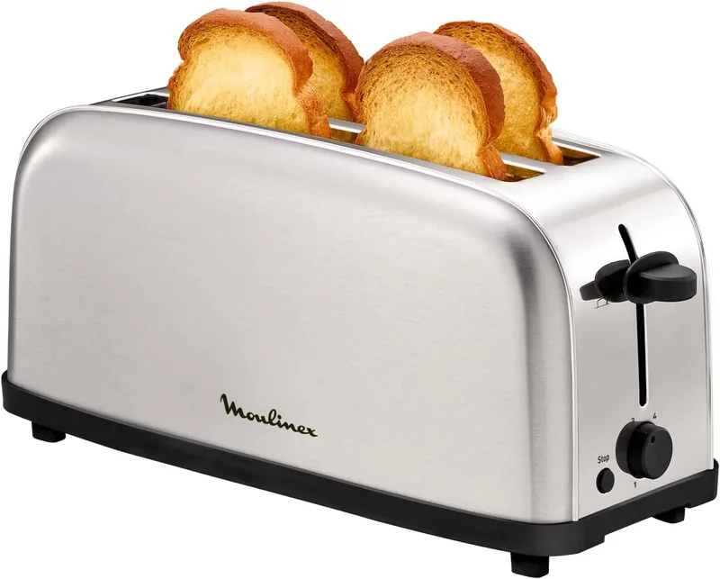 Moulinex ▫️ Classic, Torradeira em aço inoxidável, 2 ranhuras compridas e largas, 1400 W, 6 níveis de torragem, função Stop, tabuleiro recolhedor de migalhas, para todos os tipos de pão: normal, de forma e artesanal, LS330D