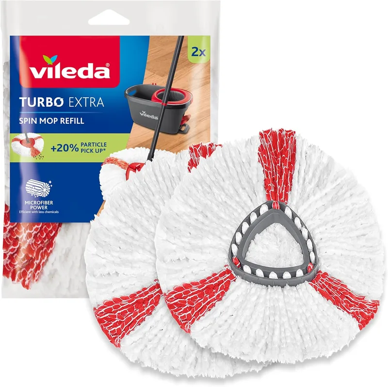 Vileda ▫️ Turbo - Recambio Original para esfregona, embalagem de 2, pavimentos duros | Compatível com Turbo e Turbo Deep Clean | Microfibra | Recolhe mais 20% de partículas | Lavável na máquina a 30 °C | Branco e vermelho