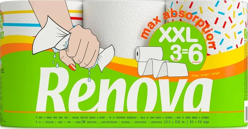 Renova ▫️ Rolos de Cozinha MaxiAbsorption XXL, 3=6 rolos, papel decorado | 3 rolos XXL equivalem a 6 rolos padrão (3=6), dupla camada, papel decorado, maxiabsorvente e resistente, com certificação FSC