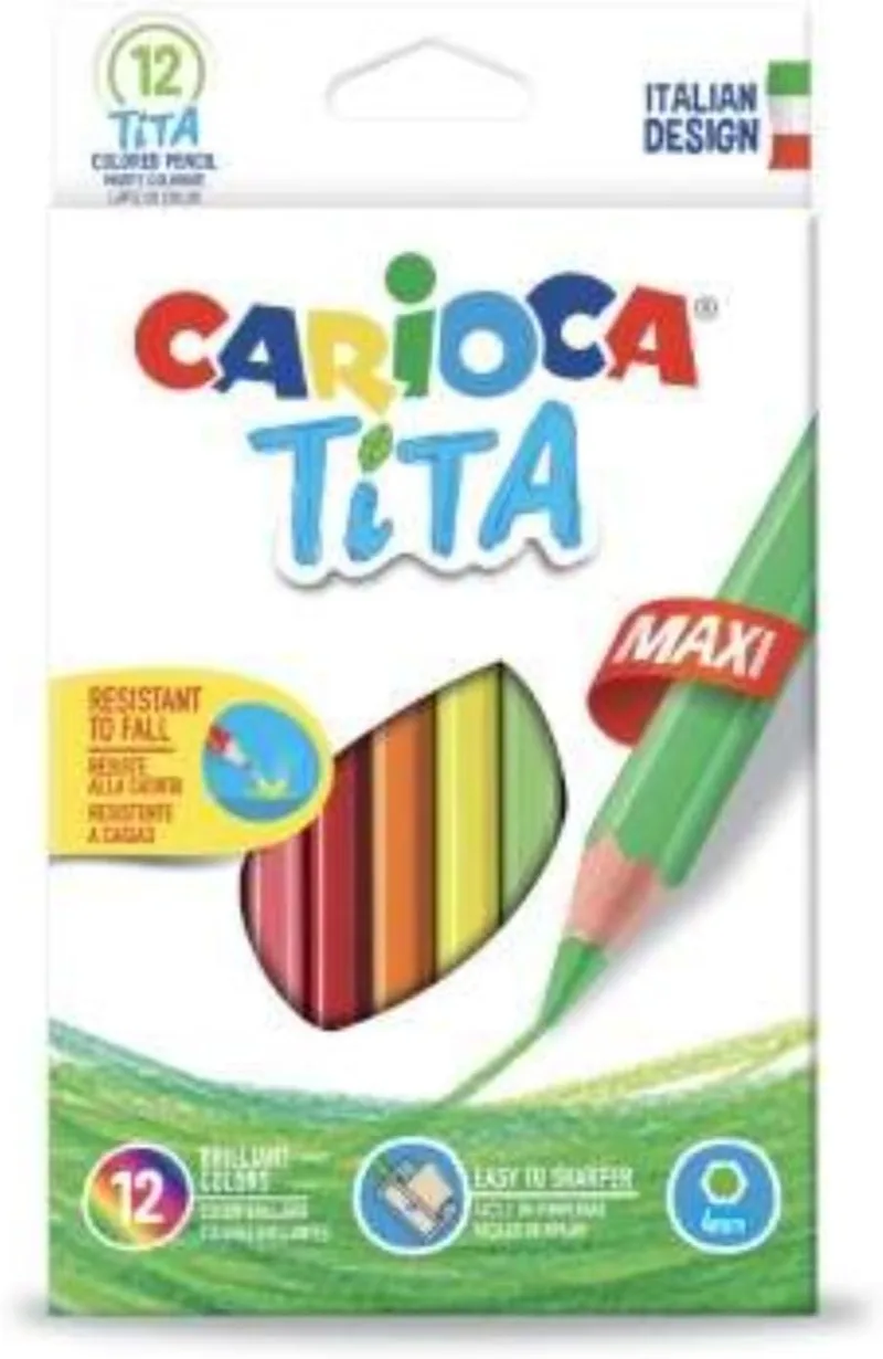 CARIOCA ▫️ Lápis grossos, Tita Maxi, resina sem madeira, conjunto de 12 unidades | Lápis de cor maxi grossos para crianças, resina sem madeira que não lasca, mina de 4 mm resistente a quebras, conjunto de 12 unidades