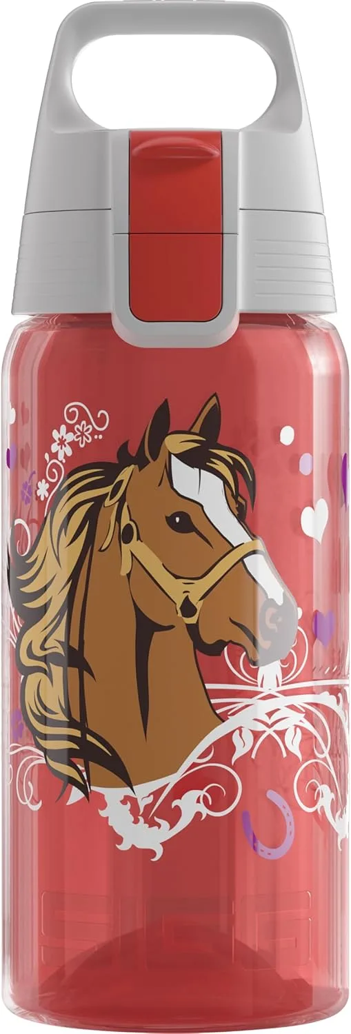 Sigg ▫️ VIVA ONE Horses Garrafa infantil (0,5 L), garrafa para crianças sem substâncias nocivas e com tampa hermética, garrafa transparente para usar com uma só mão