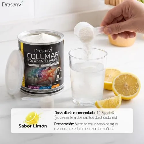 Drasanvi ▫️ COLLMAR Colagénio Marinho Hidrolisado com Ácido Hialurónico, Magnésio e Vitamina C | para cartilagens, ossos e pele | Dose elevada: 9 717 mg/dia | 300 g de pó = 28 dias | Sabor a limão 3