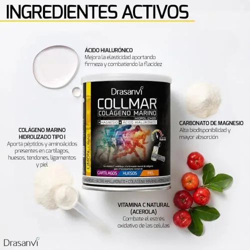 Drasanvi ▫️ COLLMAR Colagénio Marinho Hidrolisado com Ácido Hialurónico, Magnésio e Vitamina C | para cartilagens, ossos e pele | Dose elevada: 9 717 mg/dia | 300 g de pó = 28 dias | Sabor a limão 4