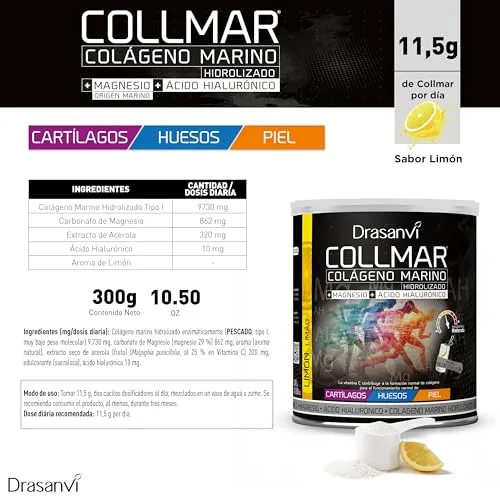 Drasanvi ▫️ COLLMAR Colagénio Marinho Hidrolisado com Ácido Hialurónico, Magnésio e Vitamina C | para cartilagens, ossos e pele | Dose elevada: 9 717 mg/dia | 300 g de pó = 28 dias | Sabor a limão 6