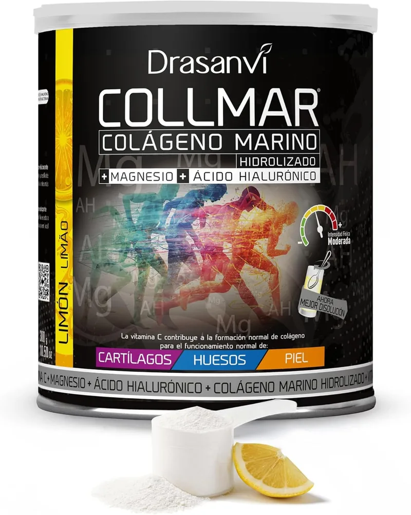 Drasanvi ▫️ COLLMAR Colagénio Marinho Hidrolisado com Ácido Hialurónico, Magnésio, Vitamina C | para cartilagens, ossos e pele | Dose elevada 9 717 mg/dia | 300 g de pó = 28 dias | Sabor a limão | Cuida das cartilagens, ossos e pele, dose elevada - Colagénio marinho hidrolisado em pó com sabor a lim