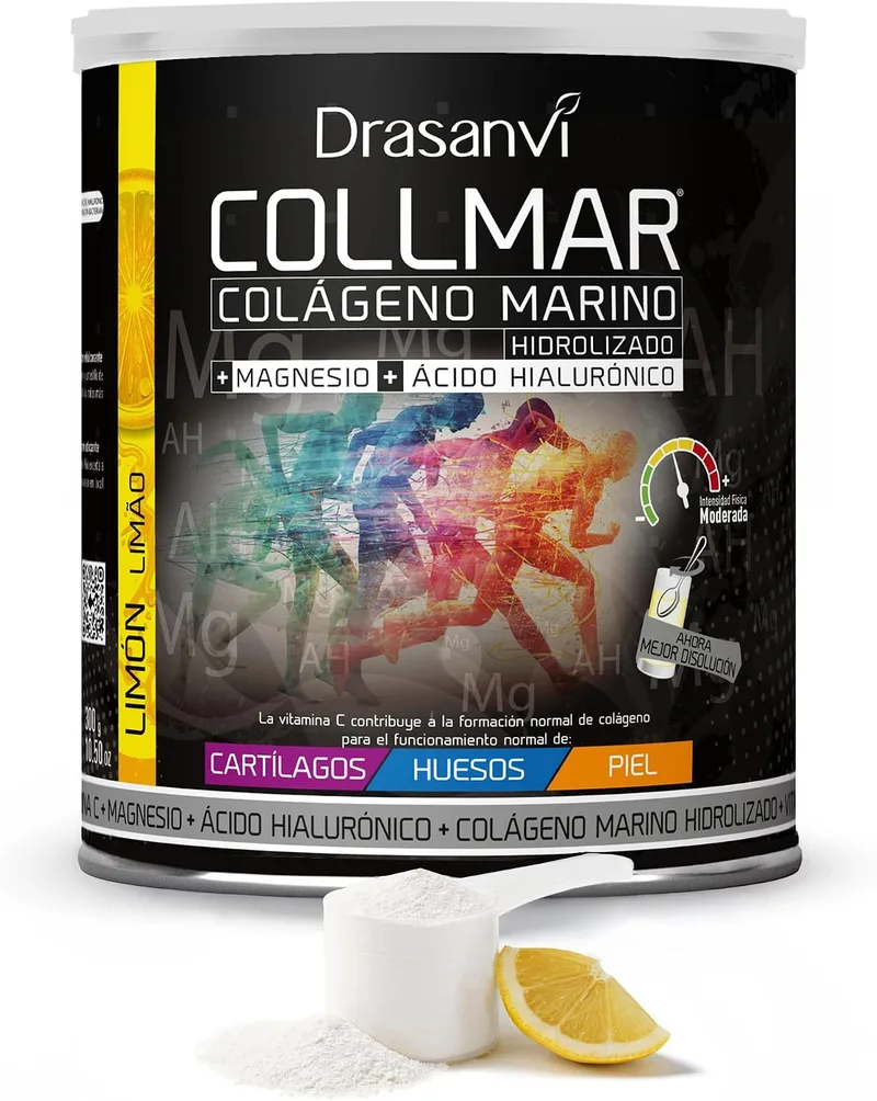 Drasanvi ▫️ COLLMAR Colagénio Marinho Hidrolisado com Ácido Hialurónico, Magnésio e Vitamina C | para cartilagens, ossos e pele | Dose elevada: 9 717 mg/dia | 300 g de pó = 28 dias | Sabor a limão