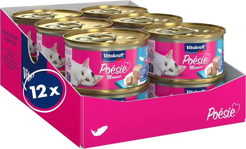 Vitakraft ▫️ Poésie Mousse, Ração húmida para gatos, Mousse aerada, com salmão, sem açúcar e sem cereais (12 x 85 g)