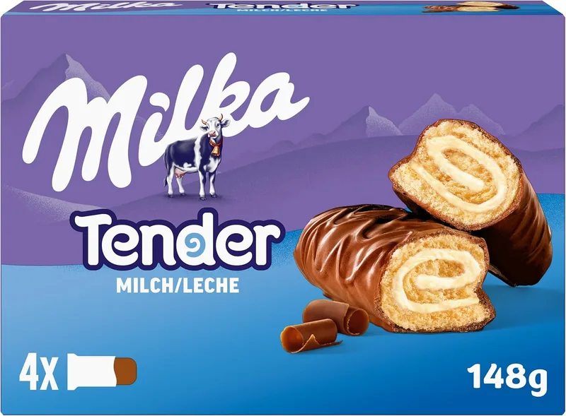 Milka ▫️ Tender Pão de ló com recheio de leite e cobertura de chocolate ao leite Alpes Milk 148G