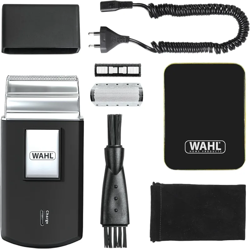 Wahl ▫️ Máquina de barbear de viagem : máquina de barbear elétrica sem fios e recarregável para homem, ideal para viagens, para cortar o cabelo e a barba, compacta e portátil, Prata