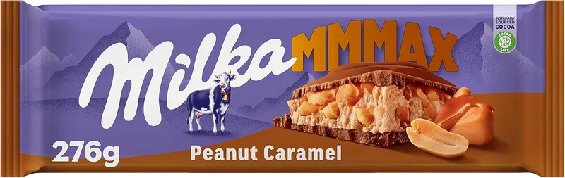 Milka ▫️ MMMAX Tablete grande de chocolate de leite alpino, amendoim e caramelo recheado com pepitas de amendoim, 276 g