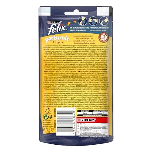 Felix ▫️ Party Mix Original, Snack, Guloseima para Gatos, Sabor a Frango, Fígado e Peru, 8 saquetas de 60 g 2