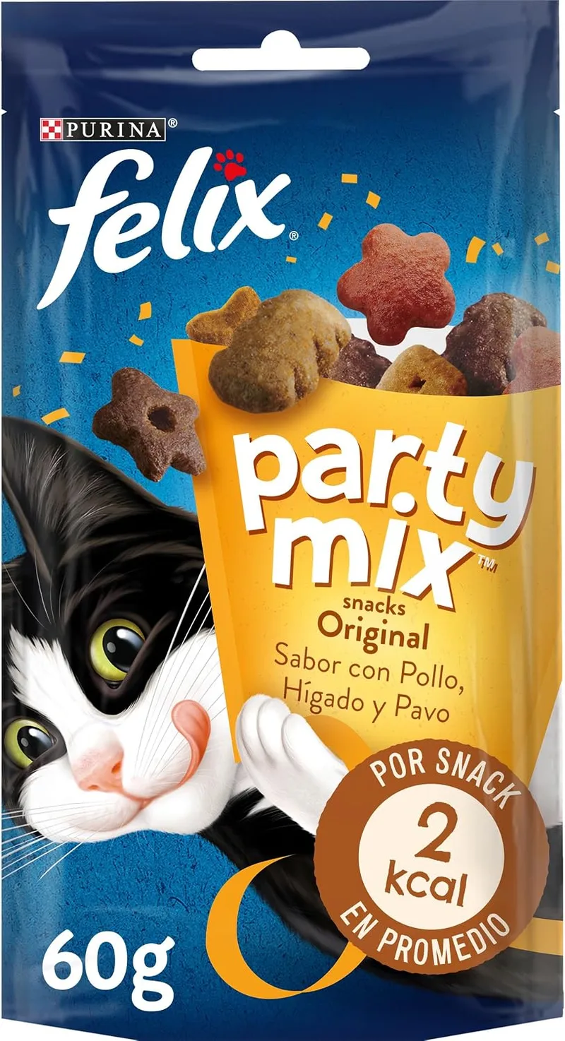 Felix ▫️ Party Mix Original, Snack, Guloseima para Gatos, Sabor a Frango, Fígado e Peru, 8 saquetas de 60 g