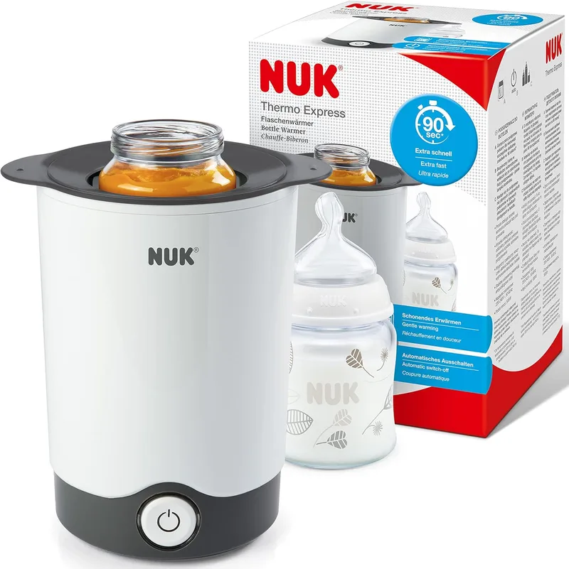 NUK ▫️ Thermo Express – aquecedor de biberões | Aquece líquidos e alimentos moles com cuidado em 90 segundos | Desligamento automático | Cesto elevável para facilitar a remoção | Ficha de 2 pinos (Europa)