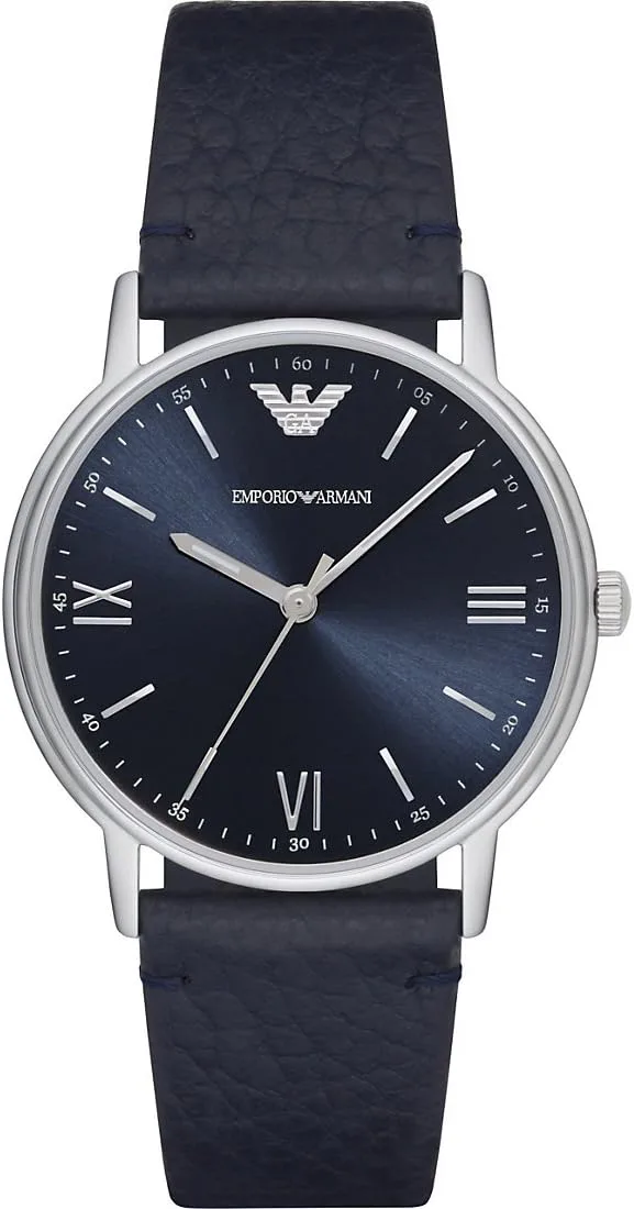 Emporio Armani ▫️ Relógio para homem, mecanismo de três ponteiros com data, caixa de 41 mm em aço inoxidável prateado com bracelete em pele, AR1692,