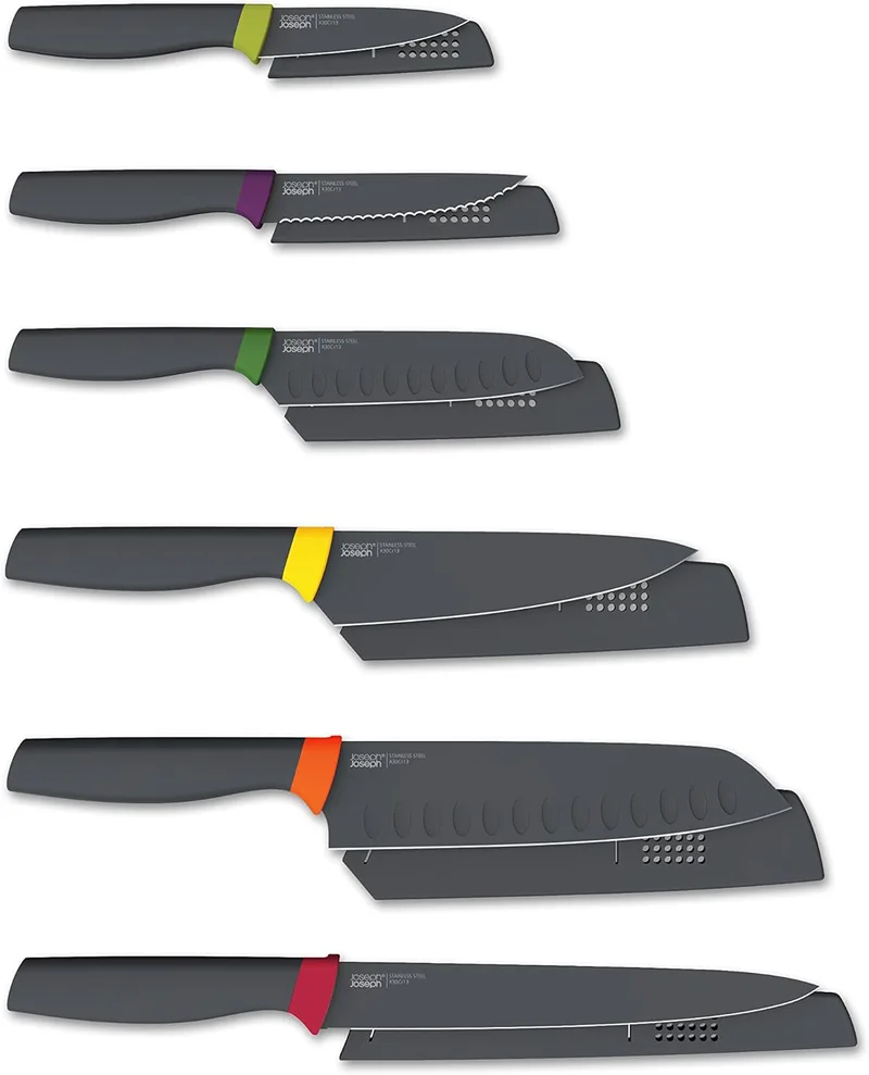 Joseph Joseph ▫️ Elevate Conjunto de 6 facas com cabos ergonómicos, facas de aço inoxidável japonês, multicoloridas