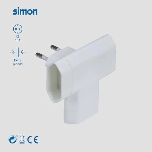 Simon ▫️ Adaptador com 3 tomadas laterais extra-plano de 10 A (250 V, 2500 W), tomada múltipla compacta para espaços reduzidos, cor branca 3