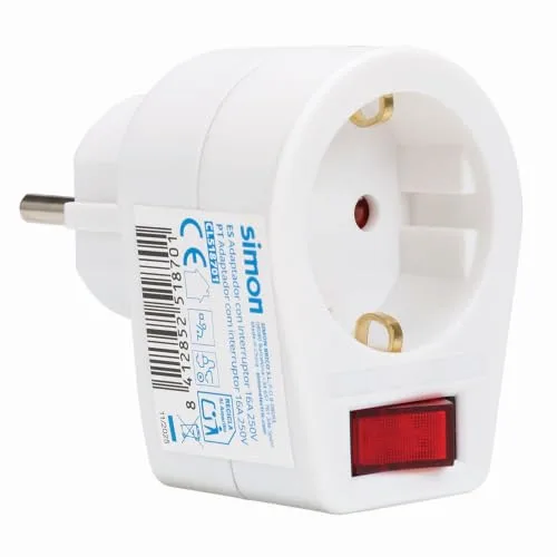 Simon ▫️ Adaptador com interruptor luminoso, tomada de parede, 1 tomada de 16 A, 250 V, potência máxima de 3680 W, design retrátil, cor branca 3