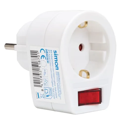 Simon ▫️ Adaptador com interruptor luminoso, tomada de parede, 1 tomada de 16 A, 250 V, potência máxima de 3680 W, design retrátil, cor branca 4