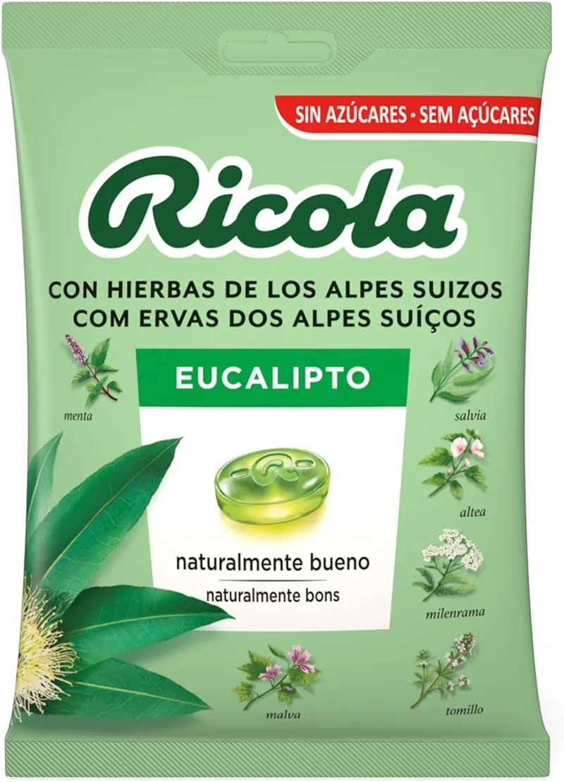 Ricola ▫️ Eucalipto, rebuçado sem açúcar, refresca e acalma a garganta e a respiração, com óleos essenciais de hortelã-pimenta, eucalipto e 13 ervas suíças, com edulcorantes - Saco 70 g