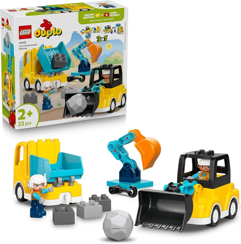LEGO Duplo Veículos de Construção "3 em 1" - Conjunto Educativo Montessori com Camiões, Escavadoras e Veículos de Construção de Brinquedo - Prenda de Aniversário para Rapazes e Raparigas a partir dos 2 anos - 10475