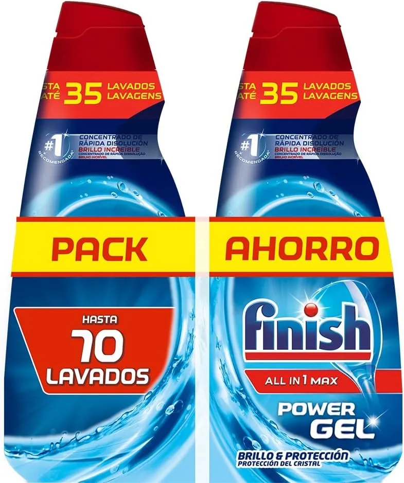 Finish ▫️ Gel Brilho e Proteção Max Power Tudo em 1, Detergente em Gel para Máquina de Lavar Louça, 2 peças - Total 70 lavagens