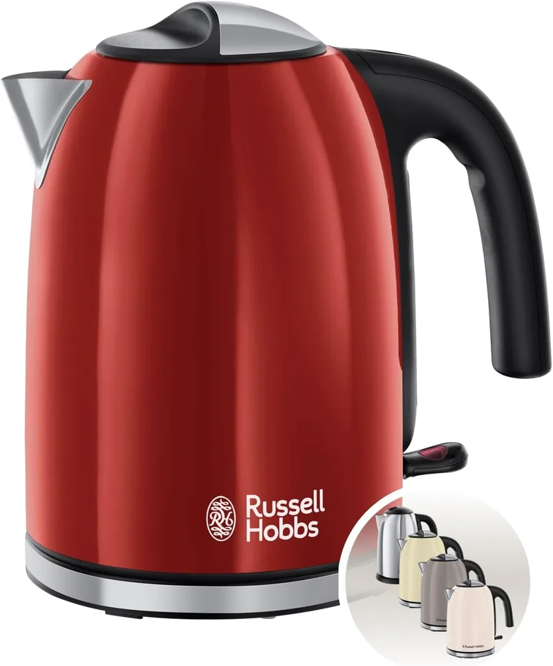 Russell Hobbs ▫️ Fervedor Elétrico [1,7 l, aço inoxidável] Colours+ Red (fervura rápida, filtro anticalcário removível, bico de vertimento otimizado, indicador de nível de água, 2400 W, vermelho) 20412-70
