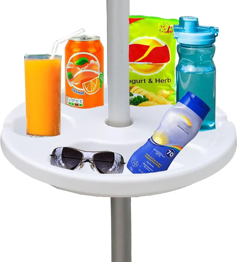 AMMSUN ▫️ Bandeja de mesa para guarda-sol de praia de 13 polegadas, para praia, pátio, jardim e piscina, com suporte para copos e compartimentos para aperitivos, cor branca