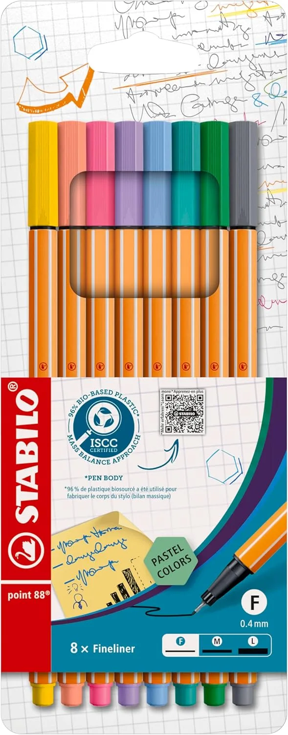 STABILO ▫️ Marcador de ponta fina - point 88 - Conjunto de 8 - cores pastel