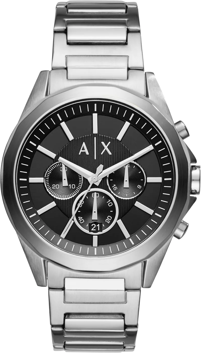 Armani Exchange ▫️ Relógio para homem, movimento cronógrafo de quartzo, caixa de 44 mm com bracelete em aço inoxidável