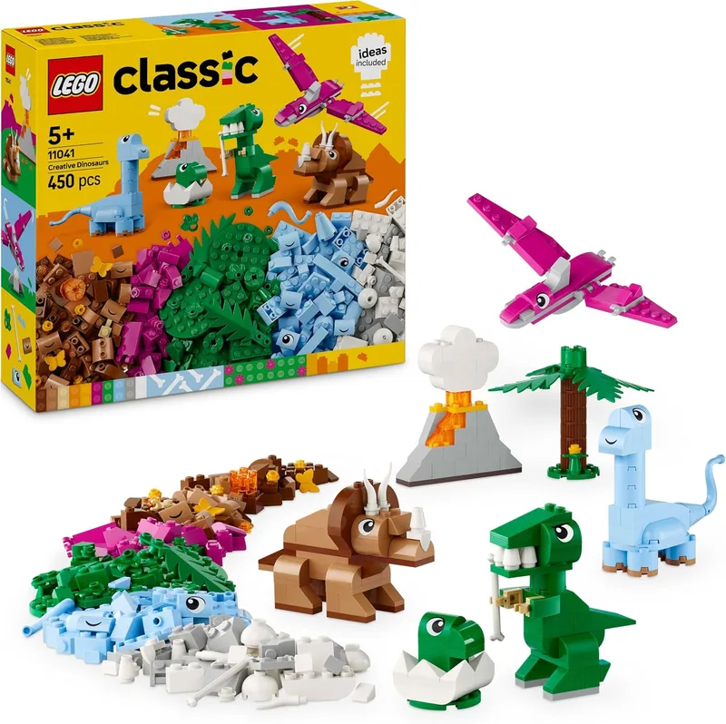 LEGO ▫️ Classic Dinossauros Criativos – Caixa de peças coloridas para construir um ovo de dinossauro, um Tiranossauro Rex, um Triceratops e um vulcão de brincar, presente para meninos e meninas a partir dos 5 anos 11041
