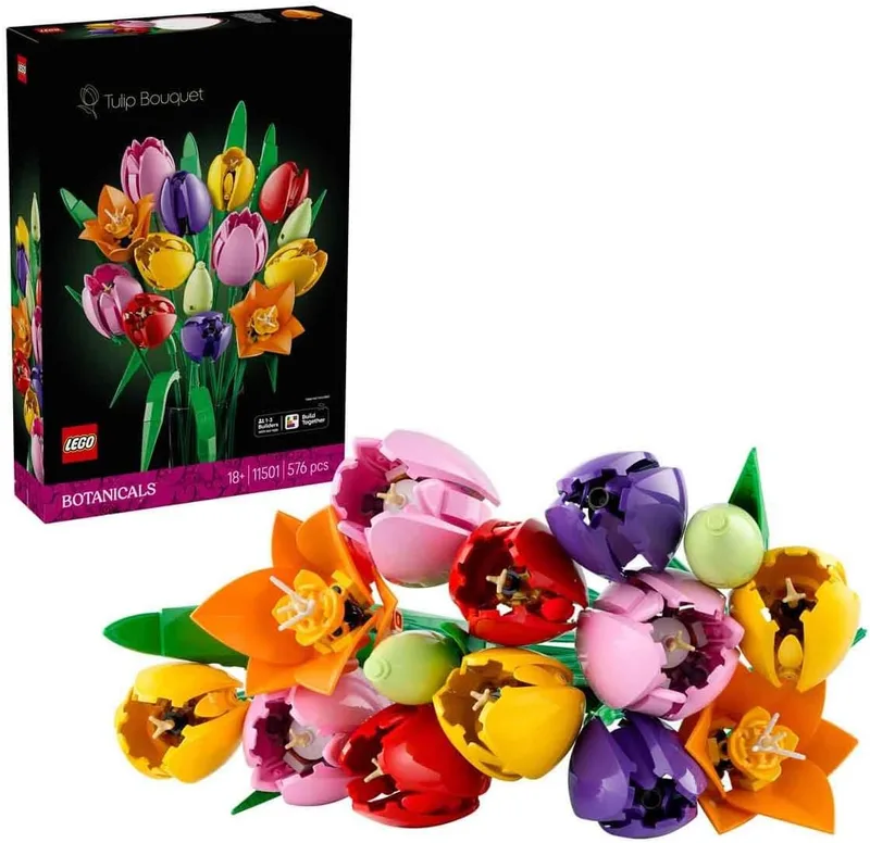 LEGO ▫️ Botanicals Ramo de Tulipas - Kit de Maquetes para Adultos com Flores Artificiais - Centro de Mesa Decorativo para a Sala com 14 Tulipas em 5 Cores - Presente para Mulheres - 11501