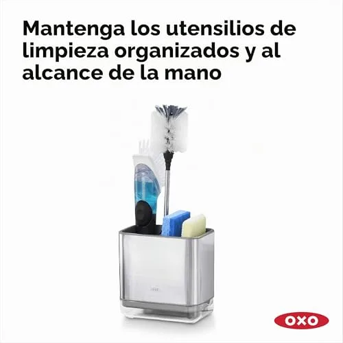 OXO ▫️ Good Grips Suporte para utensílios de cozinha para o lava-loiça, aço inoxidável, independente, 21,33 x 12,06 x 15,87 cm | Organiza esponjas e escovas, separador ventilado para secagem rápida, tabuleiro de escorrimento com bico de escoamento 2