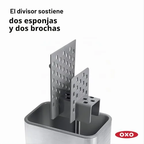 OXO ▫️ Good Grips Suporte para utensílios de cozinha para o lava-loiça, aço inoxidável, independente, 21,33 x 12,06 x 15,87 cm | Organiza esponjas e escovas, separador ventilado para secagem rápida, tabuleiro de escorrimento com bico de escoamento 3