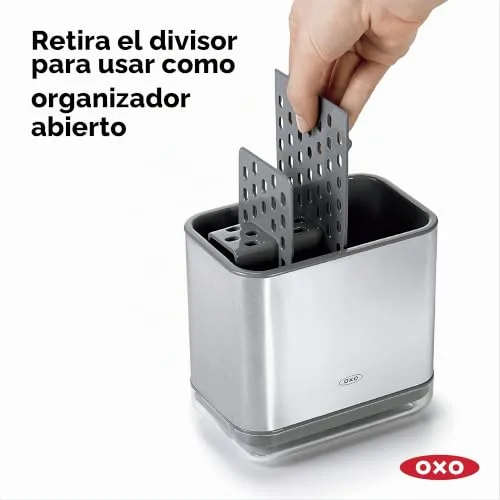 OXO ▫️ Good Grips Suporte para utensílios de cozinha para o lava-loiça, aço inoxidável, independente, 21,33 x 12,06 x 15,87 cm | Organiza esponjas e escovas, separador ventilado para secagem rápida, tabuleiro de escorrimento com bico de escoamento 4