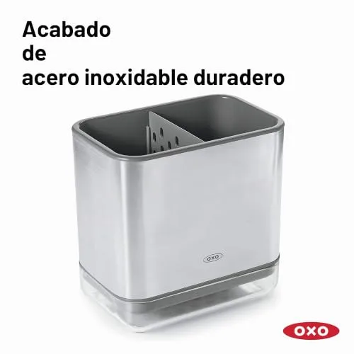 OXO ▫️ Good Grips Suporte para utensílios de cozinha para o lava-loiça, aço inoxidável, independente, 21,33 x 12,06 x 15,87 cm | Organiza esponjas e escovas, separador ventilado para secagem rápida, tabuleiro de escorrimento com bico de escoamento 6