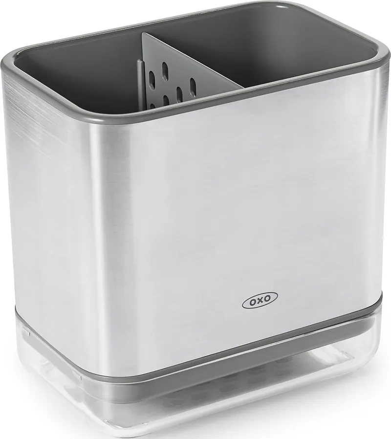 OXO ▫️ Good Grips Suporte para utensílios de cozinha para o lava-loiça, aço inoxidável, independente, 21,33 x 12,06 x 15,87 cm | Organiza esponjas e escovas, separador ventilado para secagem rápida, tabuleiro de escorrimento com bico de escoamento