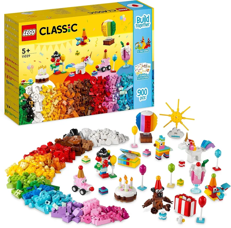 LEGO ▫️ 11029 Classic Caixa Criativa: Festa, Peças para jogos de mesa em família, Brinquedo para meninos e meninas a partir dos 5 anos, 12 mini-construções, carro, ursinho de peluche, unicórnio, ideia para presente