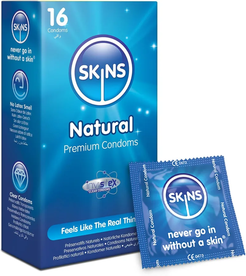 Skins ▫️ Sexual Health Natural Condoms - Preservativos de látex natural, inodoros, extra lubrificados para uma sensação de conforto (Natural, 16 unidades )