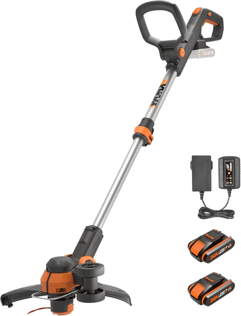 WORX ▫️ WG163E Desbastador e aparador de relva 2 em 1 a bateria de 20 V e 2 Ah, sistema Command Feed automático, cabeça giratória a 90°, para jardins de tamanho médio