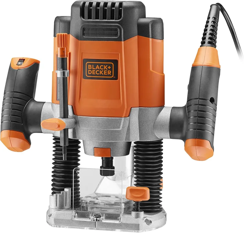 Black+Decker ▫️ Fresadora elétrica de 1200 W, velocidade variável de 8 000 a 28 000 rpm, profundidade de corte de 55 mm, bloqueio do eixo, acessórios incluídos, KW1200E-QS