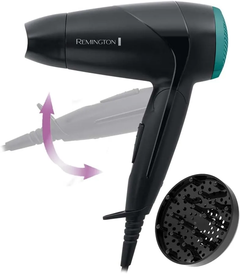 Remington ▫️ Secador de Cabelo Pequeno e Compacto Secador de Cabelo de Viagem, 2000W, Dobrável, Ideal para Ginásio, Concentrador, Difusor Compacto, Caudal 60km/h, 3 Temperaturas, 2 Velocidades, Gancho de Suspensão - D1500