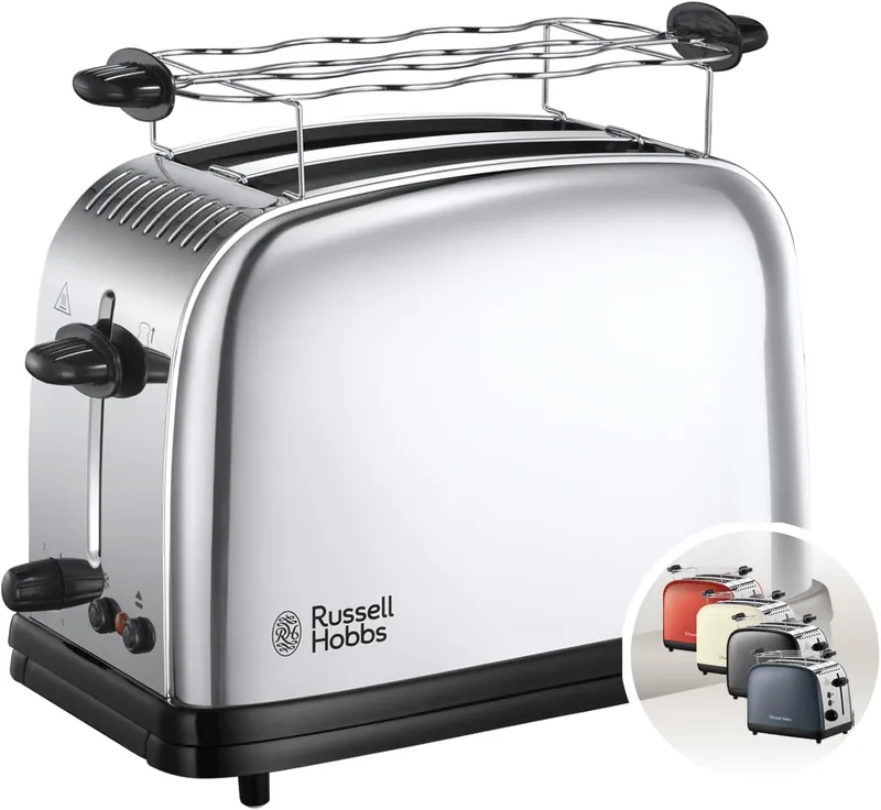 Russell Hobbs ▫️ Tostadeira Victory - 2 ranhuras curtas e largas, para 2 fatias, tabuleiro recolhedor de migalhas, aquecedor de pãezinhos, funções de cancelamento e descongelação, aço inoxidável, prateado - 23310-56
