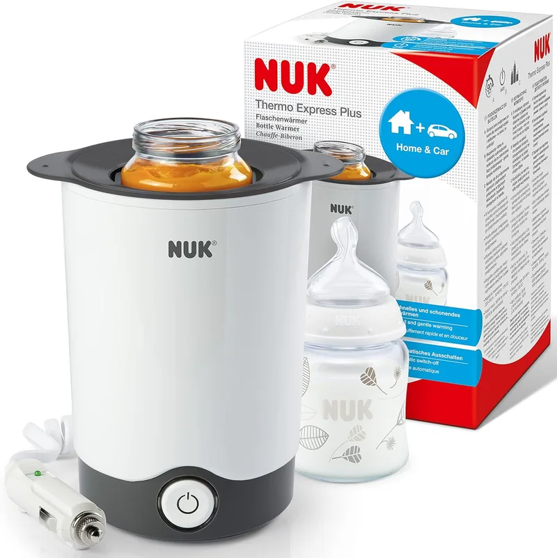 NUK ▫️ 10256404 - Aquecedor de biberões que aquece rápida e suavemente em apenas 90 segundos, para utilizar em casa ou em viagem, inclui cabo adaptador para automóvel