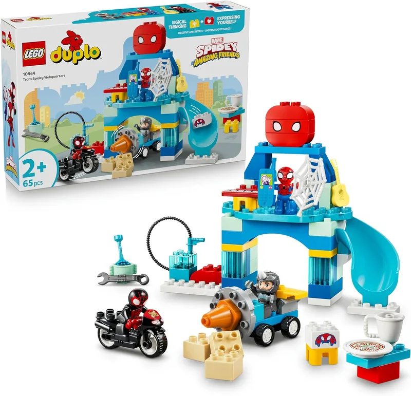 LEGO ▫️ Duplo Marvel: Quartel-general do Spidey e da sua Super-equipa – Super-heróis de brinquedo com mota e 3 figuras – Jogo educativo para a motricidade fina – Presente para crianças a partir dos 2 anos – 10464
