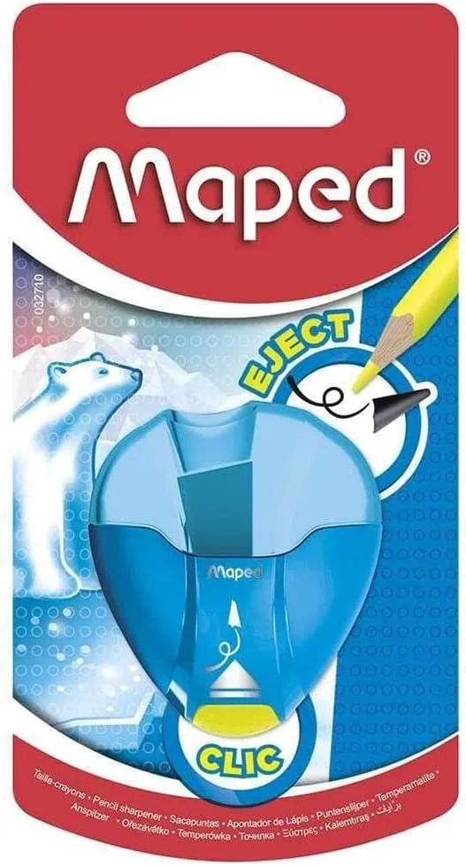 Maped ▫️ Material Escolar - Afia-lápis I Gloo Eject - Afia-lápis com depósito - Expulsa as minas partidas - 1 orifício para afiar - Tamanho compacto para a pasta de escola - 3 designs diferentes